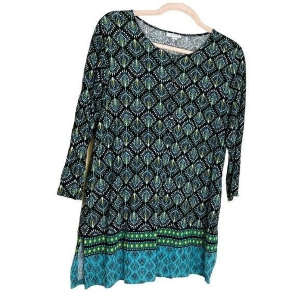 J. Jill Womens Shirt Medium Floral Boho Blouse Tunic Blue Green
